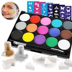 HOWAF Face Painting Kit, 15 Color Face Paint Palette, 60 Stencils, 2 Brushes, 8 Sponges, 2 Glitters, Face Paints for Children Halloween Party Carnival Makeup Body Paint Festive Kids Face Paint