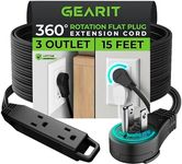 GEARit 360° Rotating Flat Plug Extension Cord (15ft, Black) Multi 3-Outlet Extension 16 AWG Wire, Adapter for Small Spaces, Right Angle Socket, ETL Certified - 15 Feet