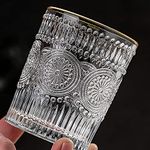 PrimeWorld Embossed Gold Rim Romantic European Crystal Whiskey Glasses Set of 6 pcs- 300 ml Bar Glass for Drinking Bourbon, Whisky, Scotch, Cocktails, Cognac- Old Fashioned Cocktail Tumblers