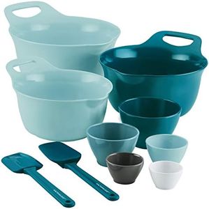 Rachael Ray Tools and Gadgets Mix and Measure Cooking/Baking Prep Set with Mixing Bowls, Measuring Cups, and Tools - 10 Piece, Light Blue and Teal