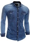 D&R Fashion Men's Denim Shirt Snap Buttons Ribbed Arms Stretchy Blue Size Large