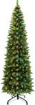 7 Ft Prelit Artificial Pencil Slim Christmas Tree Decoration with 280 Warm White & Multicolor Changing Lights,1000 Thick Branch Tips,8 Mode,Timer, Fire-Resistant,Metal Stand,UL Plug, Hinged Xmas Tree