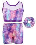 JiAmy Two Piece Gymnastics Leotards for Girls, Sleeveless Sparkly Dance Biketards with Shorts Ballet Tumbling Outfit purple 5-6 Years