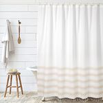 Folkulture Beige Shower Curtain, 72 inch Shower Curtains for Bathroom, 72"X72", Boho Shower Curtain with Tassels for Farmhouse, Water Repellent, Recycled Cotton, (Beige)
