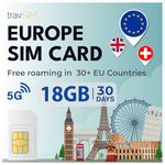 travSIM Europe SIM Card | 18GB Data with 4G/5G speeds | Unlimited Calls Within The EU | Use in The UK, Switzerland & 30+ EU Countries | Plan on SIM Card for Europe is Valid for 30 Days