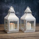 Behoma Vintage Style Candle Lantern Metal and Glass for Home Decor, Lantern for Table-top and Wall-Hanging | Indoor and Outdoor | Rustic White Small (Candle/Lights NOT Included) (Set of 2)