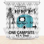 Happy Camper RV Shower Curtain for Travel Trailer Bathroom,Modern Camping White Stripe Shower Curtain for Stall Travel Trailers Polyester Fabric Outdoor Stall Curtain with Hooks 47x64 inches