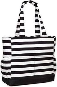 VASCHY Bolsa Playa Grande, Bolsa de Viaje con Cremallera Bolso de Mano XXL Familiar Bolso de Hombro Plegable Bolsos Totes Bolso Shopper con 9 Bolsillos para Viaje Compras Fiesta Pícnic, Rayas Negras