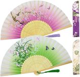 Leehome Folding Hand Fans for Women -Chinese Japanese 2pcs Vintage Bamboo Silk Fans - for Dance, Music Festival, Wedding, Party, Decorations,Gift. (Purple Sakura & Green Grassflowers)