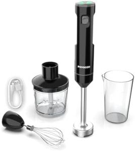 Cordless Variable Speed Hand Blender, POYOCOM Immersion Blender Rechargeable, with Type-C Cable, 500ml Chopper, 600ml Vessel, Egg Whisk, for Smoothies, Baby Food and Soup – Black