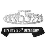 55th Birthday Gifts for Women, 55th Birthday Tiara and Sash, 55th Black Glitter Satin Sash & Crystal Tiara Birthday Crown