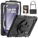 SEYMAC Case for Samsung Galaxy Tab A9 Plus 11 inch 2023, Shockproof Protective Galaxy A9 Plus Tablet Case With Screen Protector/Hand Strap/Rotating Stand,SM-X210/SM-X216/SM-X218 Case, Black