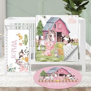 KAINSY Personalized Baby Crib Bedding Set, 3 Pcs Custom Name Baby Crib Sets for Kid Toddler Infant, Double Layer Nursery Bedding Set for Baby Boy Girl, Farm Animals Baby Bedding Set Customized Gift