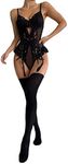 OYOANGLE Women's 4 Piece Lingerie Sets Floral Lace Bow Teddy Bodysuit with Stockings Black M