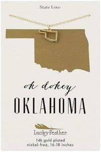 Lucky Feather Oklahoma Shaped State Necklace, 14K Gold-Dipped Pendant on Adjustable 16”-18” Chain