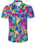 Cozople Short Sleeve Shirt for Men Novelty Pop Art Print Shirts Neon Graphic Button Down Shirt for Vacation