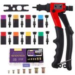 Swpeet 120Pcs Hand Rivet Nut Riveters Tool with 8Pcs SAE & Metric Mandrels M3, M4, M5, M6, 1/4-20, 10-24, 8-32, 6-32 and 7 Sizes Mixed Zinc Plated Carbon Steel Rivet Nut Assortment Kit for Tight Space