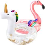 2 Pcs 47 inch Inflatable Confetti Flamingo Unicorn Pool Float Inflatable Glitter Sequin Flamingo Pool Tube Blow Up Spark Unicorn Swim Ring Lounger for Adults Summer Beach Pool Toys