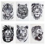 Sibba 3D Realistic Tiger Lion Temporary Tattoos 6 Sheets Waterproof Forearm Transfer Fake Tattoo Stickers Body Art Large Tattoo Sticker Animals Pattern Kits Easter Party For Women Men