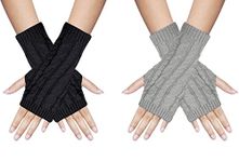 Rowwait 2 Pairs Women Arm Warmers Gloves, Fashion Winter Warm Fingerless Gloves Wrist Arm Warmers Knit Mittens Half Finger Gloves for Ladies Girls (Black+Grey)