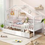 Giantex Twin House Bed with Drawers, Wooden Twin Bed Frame with Cube Storage & Fence Rails, Montessori Bed for Boys, Girls, Kids House Bed for Bedroom, Living Room, No Box Spring Needed, White