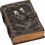 C CUERO Book of Spells Leather Journal Deckle Edge Paper Grimoire Printed Journal The Lovers Tarot Notebook Spiral Gothic Notebook Skull lover Antique Vintage Leather Journals for Men and Women (6 * 8