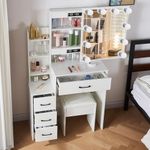 Guanglai Vanity Desk with Mirror and Lights in 3 Colors, Modern Makeup Dressing Table with Adjustable Lighting Modes, White Vanity Table Set for Makeup Room, Bedroom