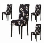 House of Quirk Polyester Spandex Printed Chair Cover Stretch Removable Washable Short Dining Chair Cover Protector Seat Slipcover (Black Flower, Pack of 4)