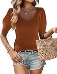 Zeagoo Women's Short Sleeve Sweaters Puff Summer Tops V Neck Ribbed Knit Slim Fit Outfits Shirts Caramel XL