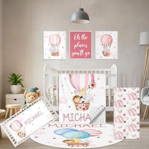 Terwex Personalized Baby Bedding Set, 5 Pcs Custom Infants Bedding Set with Infant Name, Double Layer Crib Set for Boys Girls, Customized Gifts for Nursery Toddlers Baby Shower, Hot Air Balloon Animal