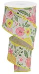 Bold Flower Blooms on Cotton Wired Edge Ribbon, 10 Yards (Green, Pink, Yellow, 2.5 Inch)