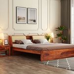 STRATA FURNITURE Sheesham Wood Queen Size Double Bed Without Storage Wooden Palang Cot for Bedroom Living Room Furniture (Honey Finish)