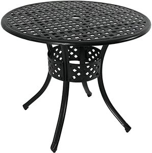 Sunnydaze Decorative Lattice Cast Aluminum Patio Dining Table with Umbrella Hole - 33-Inch Diameter - Black