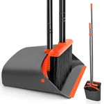 JEHONN Broom and Dustpan Set, 137 cm Long Handled Sweeping Brush and Upright Standing Dust Pan with Comb Teeth for Indoor Home Kitchen Lobby Garden Office Room (Black Orange)