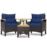 KOTEK 3 Piece Patio Furniture Set, Outdoor Conversation Set with Removable Cushions, Acacia Wood Tabletop and Armrests, PE Rattan Wicker Bistro Set for Porch, Balcony, Backyard (Navy)