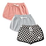 Rolanko Girls Sports Shorts, Cotton Summer Contrast Binding Dolphin Short Pants, Kids Athletic Gym Wear for Running and Dancing, 3 Packs (BlackPlaid,Pink,Grey,Size:170)