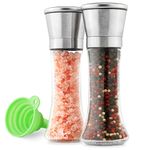 Premium Stainless Steel Sea Salt and Pepper Grinder Set of 2 - Adjustable Ceramic - Tall Glass Salt and Pepper Shakers - Pepper Mill & Salt Mill W/Funnel