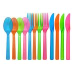 Party Essentials Hard Plastic Cutlery Combo Pack, Knives/Forks/Spoons, 96 Place Setting-Count, Assorted Neon