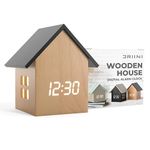 Driini Digital House-Shaped Alarm Clock with Temperature Display – Modern Aesthetic - Cute Cube Frame and White LED Dimmer (Light Wood; Black Roof, Large)