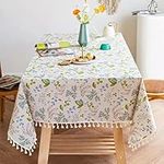 YUURAIN VUVU Elegant Plant Floral Cotton Linen Fabric, Stitching Tassel Rectangle Tablecloth for Kitchen | Dining | Tabletop | Decoration | Tea Party | Weddings | Farmhouse (55x86 Inches)