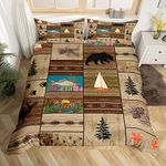 Retro Brown Cabin Duvet Cover Full,Patchwork Woodland Bear Deer Bedding Sets For Rustic Lodge,Farmhouse Wooden Wild Animal Comforter Cover For Boys Adults Men,Fish Duck Boat Bed Set Zipper 3 Pcs