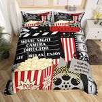 Vintage Cinema Duvet Cover 3 pieces Movie Theater Night Theme Comforter Cover for Kids Boys Girls Cartoon Popcorn Filmstrip Camera Ultra Soft Bedspread Bedroom Decor Quilt Cover Super King Size