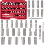 32Pcs Bolt Extractor Kit, 33mm elevated design, with 3/8, 1/4 Inch Adapter, Ez Out Deep Broken Lug Nut Removal Socket Set, Easy-Out Spark Plug Remover Tool, for Stripped Rusted Bolts, Stud, Nuts Screw