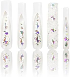 LOVFUL Press on Nails Candy Diamonds & White French Tip | Luxury Spring French Tip Glossy Press On Nails with Bling | Square Long 2.2 in | H36(S)