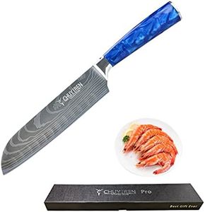 CHUYIREN Santoku Knife, 7 Inches Professional Kitchen Knife Forged from High Carbon Stainless Steel Has An Ergonomic Blue Resin Anti Slip Handle, Comes with A Black Gift Box