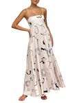 Women Boho Floral Sundress Spaghetti Strap Graffiti Low Cut Bodice Smoked Aline Maxi Long Beach Dresses (C-Champagne Sun, S)