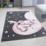 Bravich Kids Nursery Rug Small Medium Pink/Grey/White Baby Elephant & Stars Design Pastel Colours Super Soft Thick Anti-Allergic Children's Bedroom Nursery Area Rug 80x150 cm (2ft7 x 4ft11)