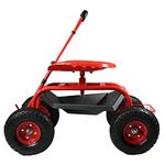 Sunnydaze Garden Seat with Wheels - Rolling Gardening Seat - Garden Stool on Wheels with Adjustable Handle and Utility Tray - Red