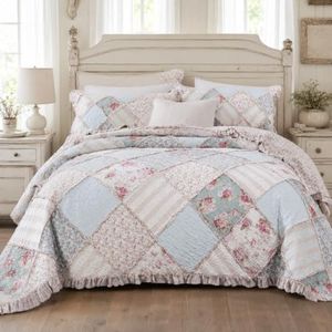 DaDa Bedding Cottage Patchwork Cotton Floral Bedspread Quilt Set - Hint of Mint Dainty Quilted Blooming Garden Botanical - Multi Colorful Ruffle Pastel Light Pink Blue/Green - King - 3-Pieces