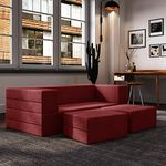 Dr. Smith | 2 Seater - 5x6 Feet | Sofa Cum Bed Jute Fabric Washable Cover with 2 Foot Stools/Pouffe Perfect for Guest - Color Red